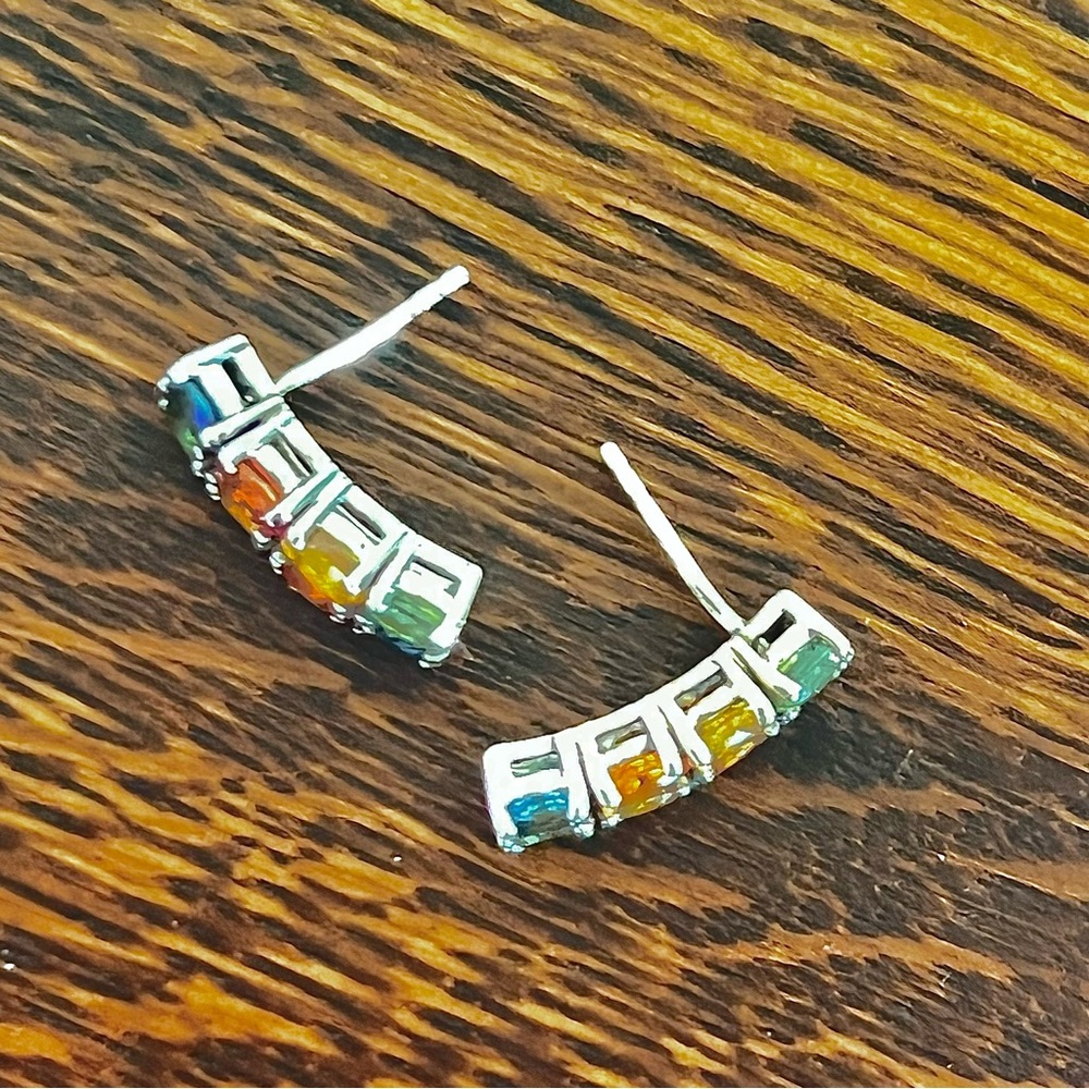 Rainbow Sapphire Huggie Earrings 925 Sterling Silver Multi-Color Gemstone Hoops - Picture 9 of 9